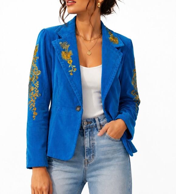 True Meaning Jackets & Blazers - True Meaning Blue Corduroy Floral Embroidered Blazer Jacket Y2K Boho Large